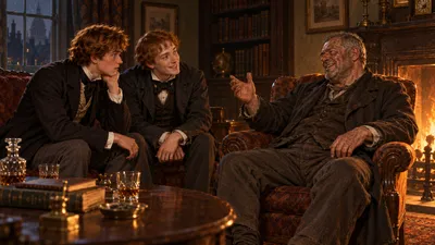 Three men sit around a fire at night; two young men lean together looking grave while an older man leans back talking cheerfully.