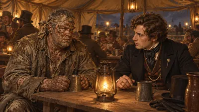 Inside a lamplit tent on a racecourse a well-dressed young man in a good suit looks across a plank table at a shabby weather-beaten older man.