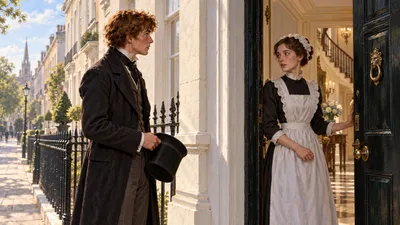A young man with his hat in his hand stands at the open door of a smart town house while a maid answers him from the empty hall.