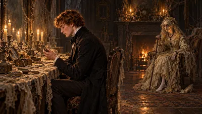 A young man sits beside a long dressing-table heaped with tarnished cobwebbed objects while an aged woman in a bridal dress watches him from across a candlelit room.