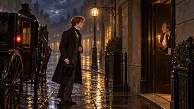 A hackney carriage stands in an empty wet street at night while a young man steps down towards a doorway where a man holds a candle.