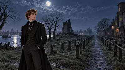 Moonlight on a small riverside green with bare trees, a ruined windmill stump, wooden-fronted bow-windowed houses and a long rope-walk of low wooden frames.