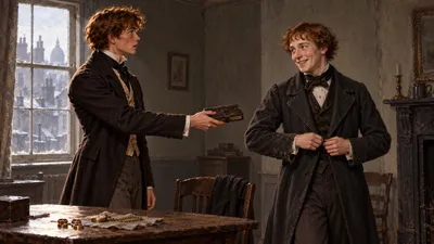 A young man hands a thick pocket-book to a friend who is buttoning his coat; rings and a watch-chain lie in a small heap on the table.