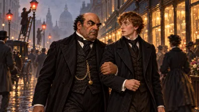 In a foggy, crowded city street where lamplighters climb their ladders, a burly man in black lays a large hand on a young man’s shoulder and takes his arm.