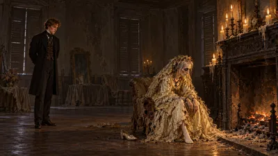 An aged woman in a yellowed dress sits in a ragged chair on the hearth staring into a burnt-out fire, while a young man stands quietly by the chimney-piece.