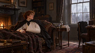 A slender young man of about twenty-three lies propped on a sofa in a plain London sitting room, his left arm bandaged and in a sling, his coat hanging loose over his shoulders; a basin and folded linen stand on a side table and a low fire burns to one side.
