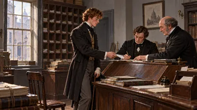 A young man with one arm in a sling stands at a tall sloped desk in a plain counting-house, handing a paper to two men of business; ledgers and a wall of pigeonholes fill the room behind them.