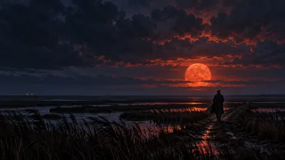 A tiny figure in a greatcoat walks away along a raised path across a vast dark marsh, with a very large red moon rising into piled clouds above a thin band of clear sky.