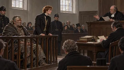 A plain courtroom with a railed dock, a magistrate's bench and scattered spectators; a broad older man sits wrapped in a coat inside the rail while a young man stands close by and officials turn over papers.