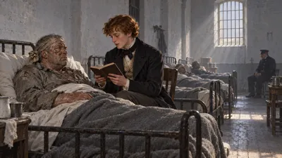 In a whitewashed prison infirmary with a row of iron beds and a high barred window, a young man sits on a hard chair reading aloud to a broad older man propped on pillows, while an officer sits at the far end.