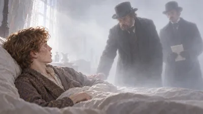 Seen from bed height through a pale haze, two soberly dressed men in hats stand near a bed, one bending to touch the shoulder of a young man in a dressing-gown who props himself up on one elbow.