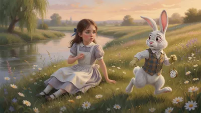 A brown-haired Victorian girl in a grey-lavender dress and white pinafore sits up on a riverbank as a white rabbit in a tartan waistcoat runs past holding a gold pocket-watch.