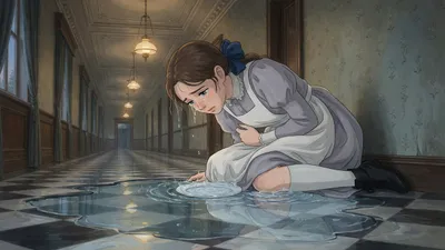 A huge brown-haired girl in a grey-lavender dress sits cramped in a hall, tears falling from her face into a spreading pool of water on the checkered floor.