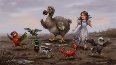 A plump grey-brown dodo stands solemnly on a muddy bank while dripping birds and a brown-haired girl run in a messy circle around him.