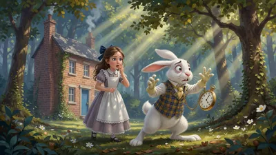 A white rabbit in a tartan waistcoat gestures urgently at a brown-haired girl in a pinafore outside a small brick house among trees.