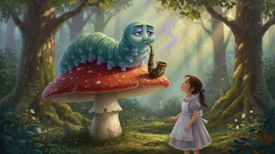 A brown-haired girl in a pinafore stands before a red-capped mushroom where a large blue caterpillar with many pale legs sits holding a hookah.