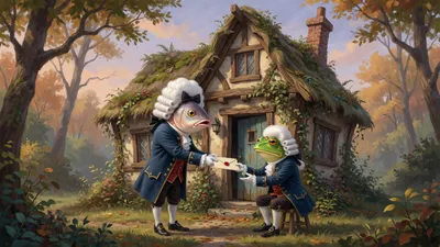 Outside a crooked cottage, a footman with a fish's head in powdered wig and livery holds out a letter to a frog-headed footman in matching livery sitting by the door.