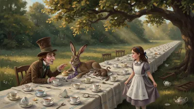 Under a spreading tree a long table is set with cups and a teapot; a milliner in a tall hat, a brown hare in a necktie, and a sleeping dormouse sit together while a brown-haired girl approaches.