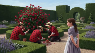 In a formal garden three living playing-card men with paint pots work on a white rose-tree, turning blossoms red, while a brown-haired girl watches from a path.