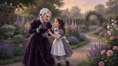 On a garden path an ugly hooked-nose duchess in purple walks arm-in-arm with a brown-haired girl in a pinafore, talking closely.