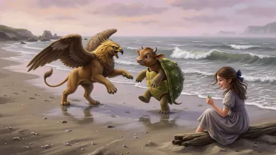 On a seashore a gryphon and a turtle-shelled creature step a dance on the sand as a brown-haired girl watches, grey-green waves behind them.