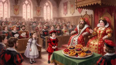 A wide courtroom of living cards: a small bearded king and a stout queen on thrones, tarts on a table, a knave in chains, a brown-haired girl in the crowd.