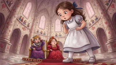 A giant brown-haired girl in a grey-lavender dress fills a courtroom, looking down at a small bearded king, a stout queen, and a box of tiny animal jurors.