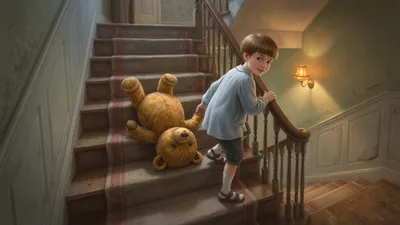 A 1920s English boy in a smock and short trousers walks down wooden stairs, pulling a golden-brown stuffed teddy bear with no clothes who bumps along on the back of his head.
