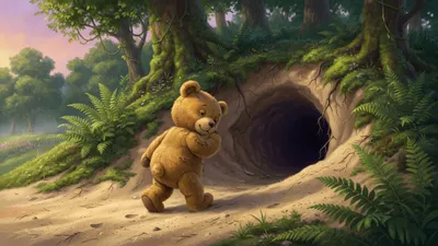 A golden-brown stuffed teddy bear with no clothes walks toward a round burrow hole in a sandy forest bank, morning light on ferns.