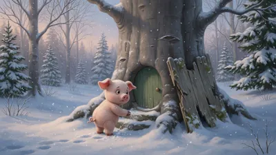 A tiny pale-pink stuffed piglet with no clothes brushes snow from a round doorway in a large beech-tree, a weathered blank wooden board beside him in a wide snowy wood.
