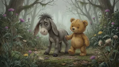 In a wide weedy forest corner, a dull-grey stuffed donkey with a drooping face stands still while a golden-brown stuffed teddy bear with no clothes walks around him.