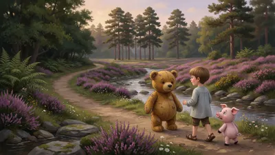 A 1920s English boy turns away on a forest path while a golden-brown stuffed teddy bear with no clothes and a tiny pale-pink stuffed piglet walk toward distant pines beside a stream, in a wide landscape.