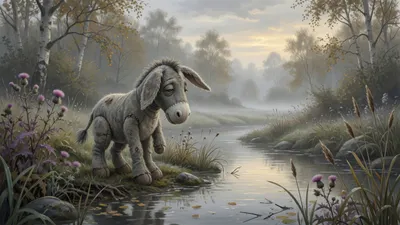 A worn dull-grey stuffed donkey with droopy ears and a tufted tail stands by a quiet stream, looking down at his reflection. He wears no clothes.