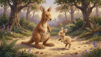 A tall warm-brown stuffed kangaroo with a pouch watches a tiny pale-brown baby kangaroo jumping in sand. Both wear no clothes.