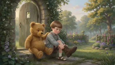A six-year-old English boy in a smock and short trousers pulls on a large boot while a plump golden-brown stuffed bear with no clothes braces against his back.