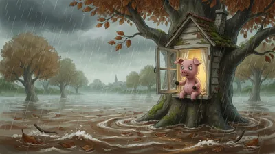A tiny pale-pink stuffed piglet with no clothes looks out of a small house window over wide brown floodwater and rain.