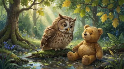 A large brown tawny owl speaks to a plump golden-brown stuffed bear with no clothes in a bright green forest after rain.