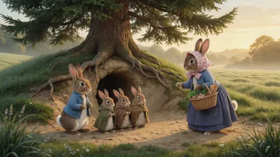 A mother rabbit in a blue dress, white apron, and frilled cap, holding a basket and umbrella, speaks to four young rabbits in cloaks and a blue jacket outside a burrow under a huge fir tree at sunrise.