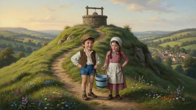 Two children, a freckled boy in a tan cap and a girl with brown plaits, climb a steep green hill sharing an empty wooden pail, a stone well waiting at the summit.