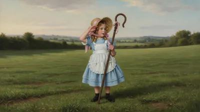 A little girl with golden ringlets, a straw bonnet with a pink ribbon, and a pale blue dress stands in an empty green field holding a tall wooden shepherd's crook.