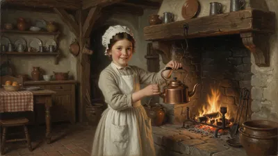A rosy-cheeked girl in a white cap and long apron holds a copper kettle over a brick cottage hearth, a table of teacups waiting nearby.