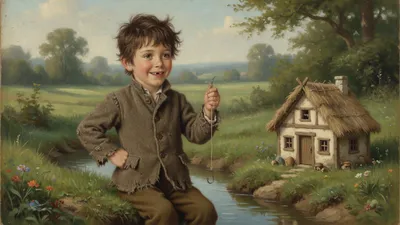 A very small boy-like fellow in a brown coat stands in the doorway of a tiny rustic house beside a countryside ditch, looking no bigger than a teacup.