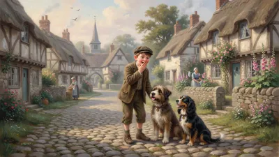 Two 19th-century village children on a cobbled street, one whispering behind a cupped hand while the other looks uneasy.