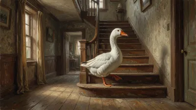 A large white goose with an orange beak walks up a wooden staircase in a tall old house, looking curious.