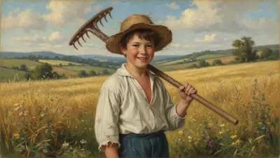 A sun-browned country boy in a straw hat and rolled-up trousers, carrying a rake, turns on a lane to answer a companion.
