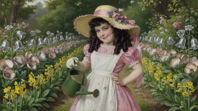 A pretty little girl in a wide sunhat and pink dress holds a watering-can in a flower garden, dark ringlets and a contrary smile, with pretty maids in a row behind her.