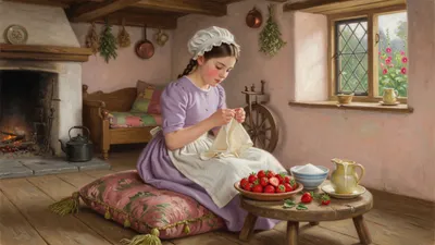 In a farmyard beside a pigsty and wash-tub, a young man with his hat in his hand speaks to a pretty country girl in an apron.