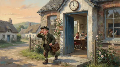 A neatly dressed child sits at a wooden school desk in morning light while a schoolmaster stands by the door near a round clock.