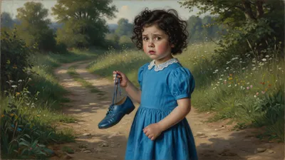 A small girl with dark curls in a bright blue dress wears one blue shoe and holds the empty matching shoe, looking worried.
