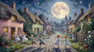 A moonlit village street as bright as day, with children leaving a supper table and a bed to go out the cottage door.